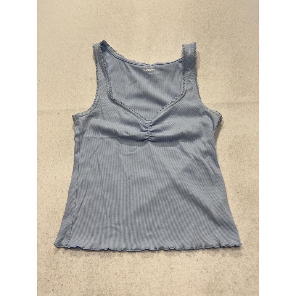 Old Navy Tank Top Womens M Blue Ruched V Neck Ribbed Lettuce Hem Casual Summer